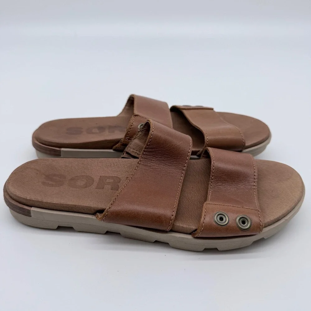 Sorel Ella Slide Sandals Tan Brown Leather Grommet Flat 6.5 NL2937-224